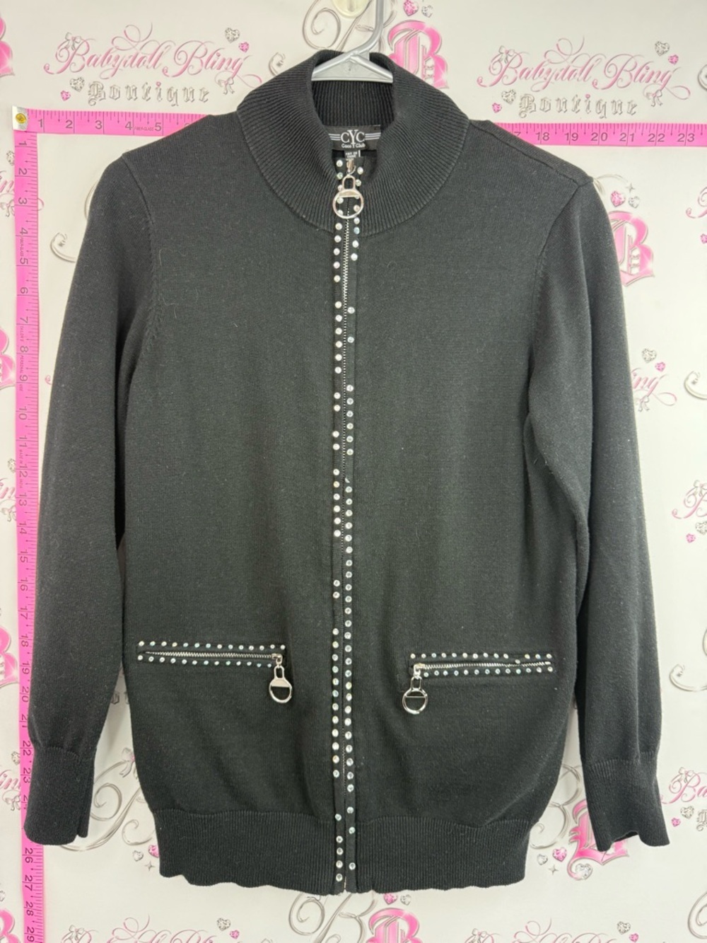 Cyc Stud-Trim Zip Front Knit Jacket / sweater/ shirt rhinestone Black 2 pockets